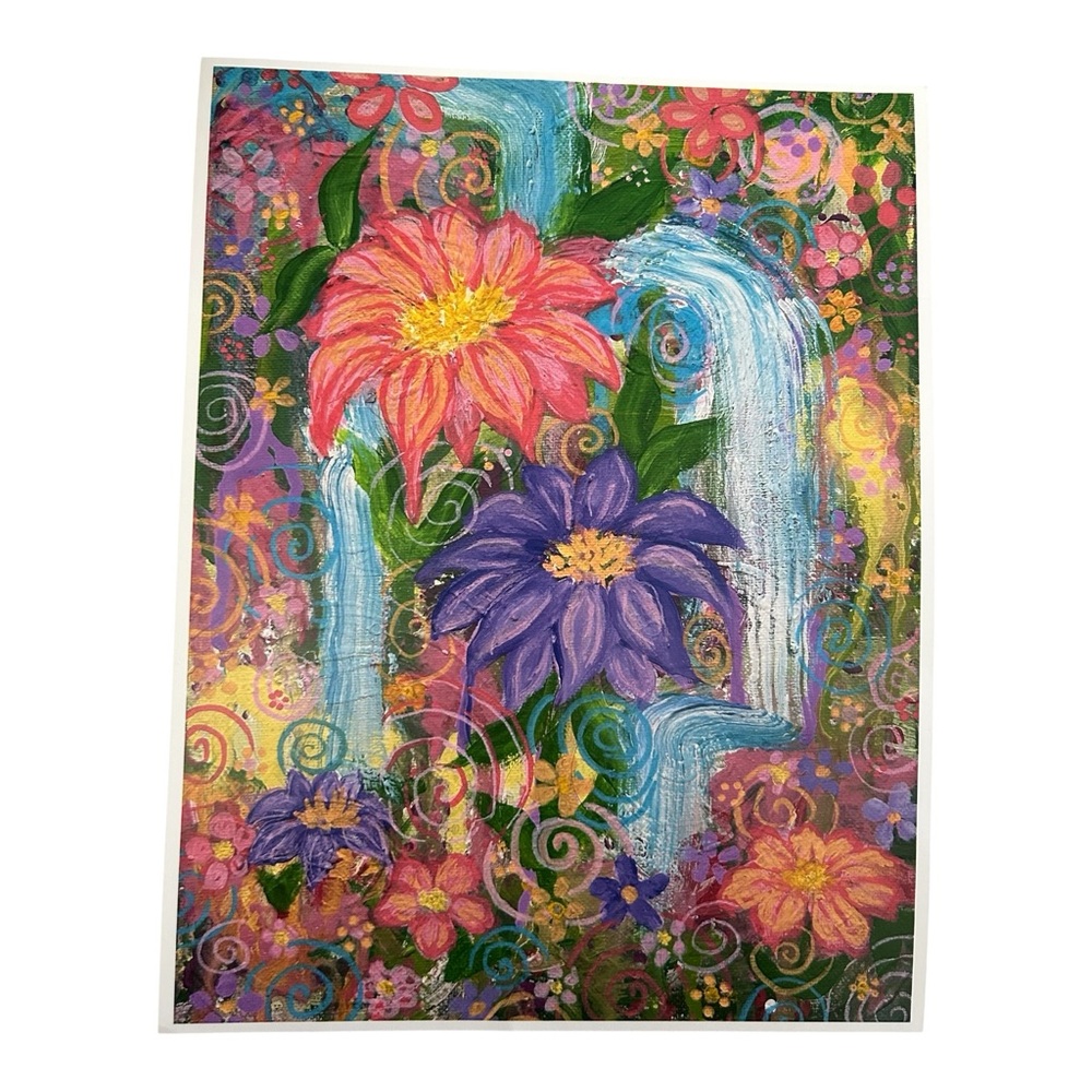 Vibrant Floral Waterfall Art Print Hand Painted Shabby Chic 11"x8.5" Cottagecore